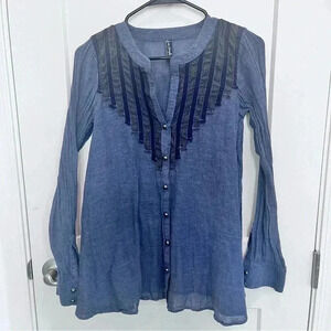 Free People Chambray Shirt Sheer Long Flowy Button Down Tunic Blouse Top Size XS